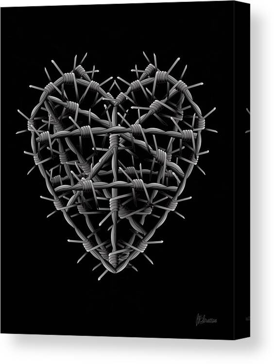 Heart Canvas Print featuring the drawing Barbed Wire Heart On Black by Joan Stratton