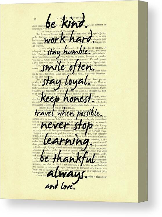 Be Kind Canvas Print featuring the digital art Be kind work hard motivational quote on antique book page by Madame Memento