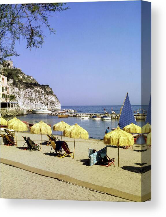Travellandscape Resort Beach Sand Vacation Leisure Umbrellas Boat Sailboat Pier Dock Italy Canvas Print featuring the photograph Beach at Lacco Ameno, Ischia by Horst P Horst