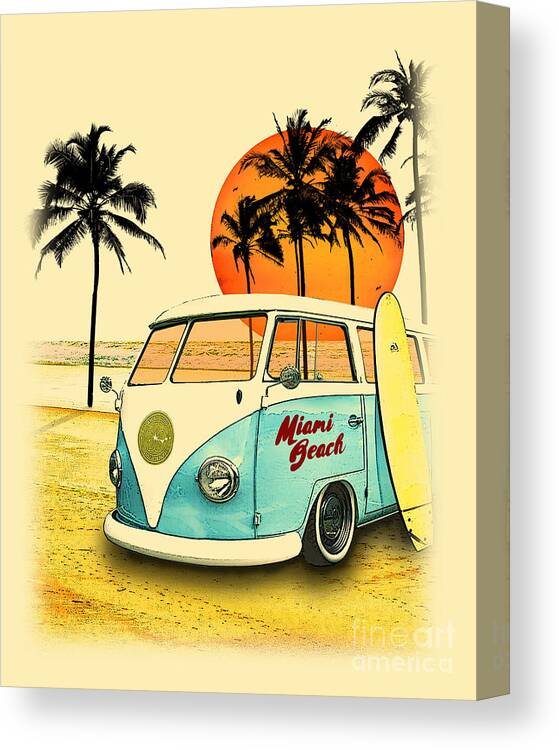 Beach Canvas Print featuring the digital art Beach with surfer bus by Madame Memento