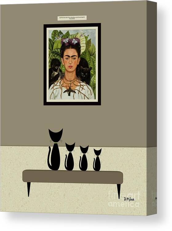 Black Cats Canvas Print featuring the digital art Black Cat Family Admires Frida Kahlo by Donna Mibus