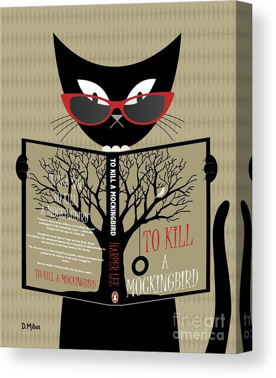 Cat Reads A Book Canvas Print featuring the digital art Black Cat Reads a Book by Donna Mibus