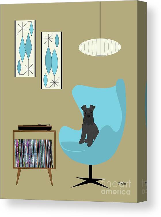 Mini Schnauzer Dog Canvas Print featuring the digital art Black Mini Schnauzer with Record Player by Donna Mibus