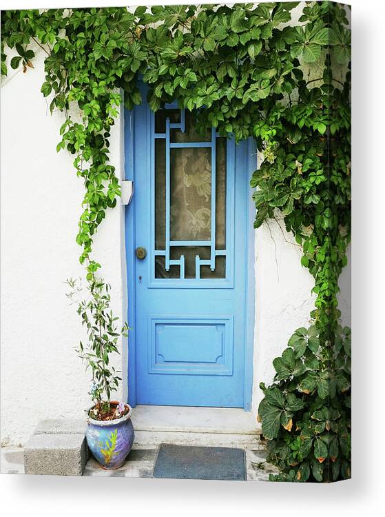 Greece Canvas Print featuring the photograph Blue Door and Vine by Lupen Grainne