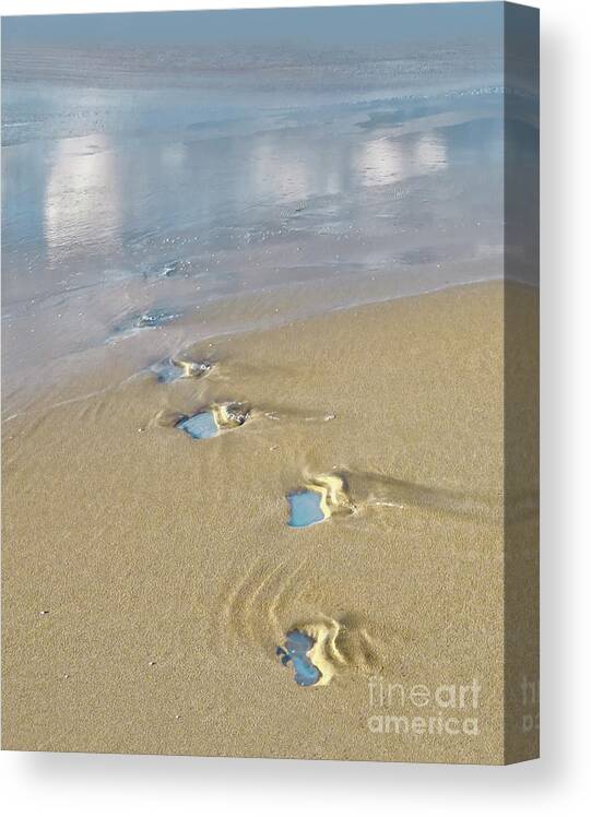 Footprints Yellow Sand Sea Beach Shore Clouds Reflections High Tide Blue Sky Serenity Dainty Gentle Tender Dream Fairy Loneliness Calmness Impressions Impressionistic Delicate Imaginations Nice Attractive Pretty Beautiful Delighted Conceptual Thoughtful Soft Shades Pastel Watercolor Color Relaxation Restful Seascape Landscape Wonderland Peaceful Nature Abstract Solitude Contemporary Charming Painterly Artistic Magical Trails Steps Atmospheric Solitary Alone Lonely Sole Single Solo Airy Stylish Canvas Print featuring the photograph Blue Footprints Into Clouds by Tatiana Bogracheva