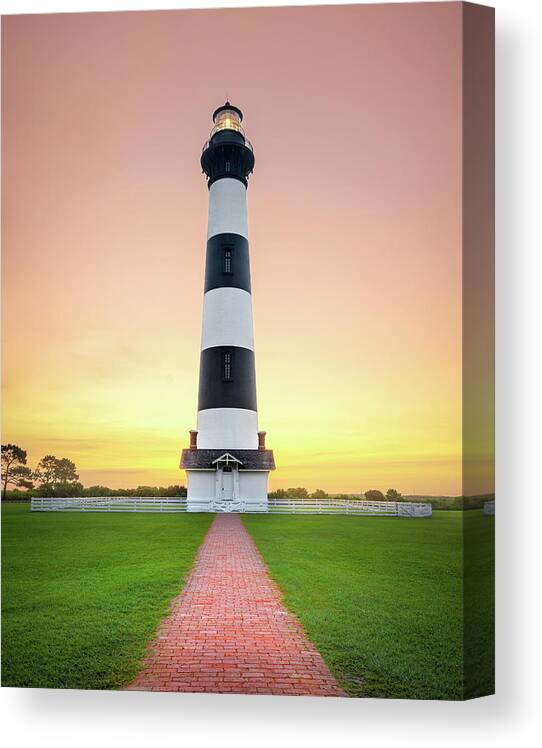 Bodie Island Lighthouse Canvas Print featuring the photograph Bodie Island Lighthouse OBX Outer Banks NC Sunrise. by Jordan Hill