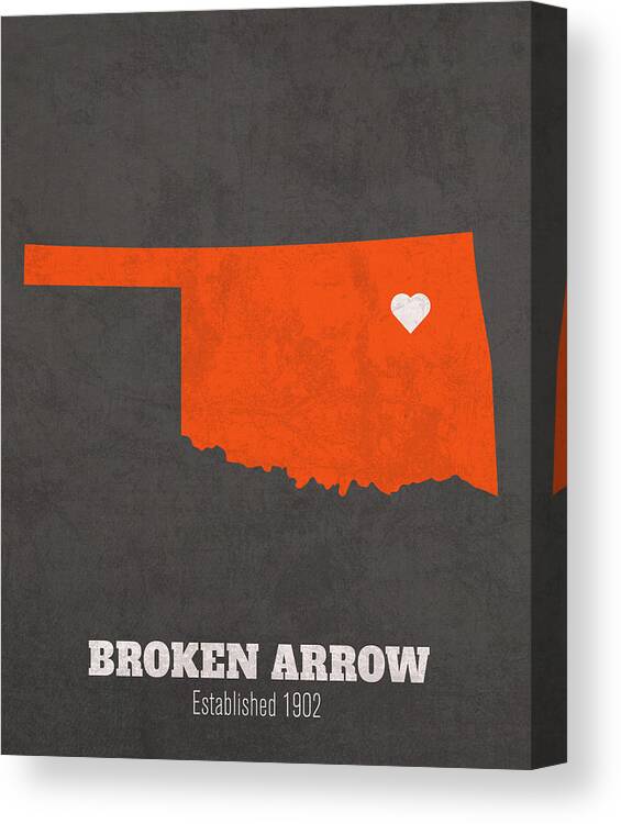 Broken Arrow Canvas Print featuring the mixed media Broken Arrow Oklahoma City Map Founded 1902 Oklahoma State University Color Palette by Design Turnpike