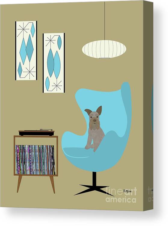 Mini Schnauzer Dog Canvas Print featuring the digital art Brown Mini Schnauzer with Record Player by Donna Mibus