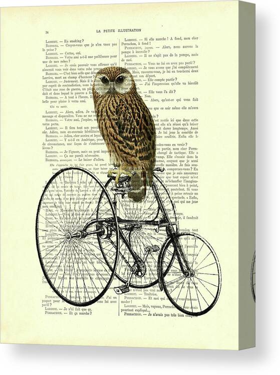 Owl Canvas Print featuring the mixed media Brown Owl Sitting On A Tricycle by Madame Memento