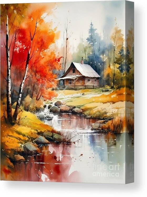 Cabin And Stream Ii Canvas Print featuring the mixed media Cabin and Stream II by Jay Schankman