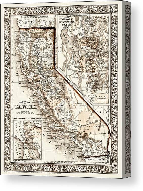 California Canvas Print featuring the photograph California Vintage County Map 1860 Sepia by Carol Japp