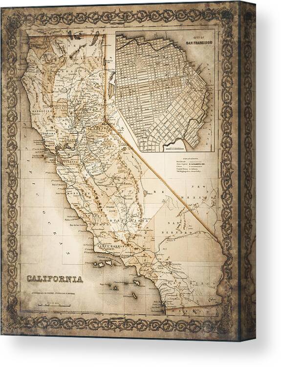 California Map Canvas Print featuring the photograph California Vintage Map 1855 Sepia by Carol Japp