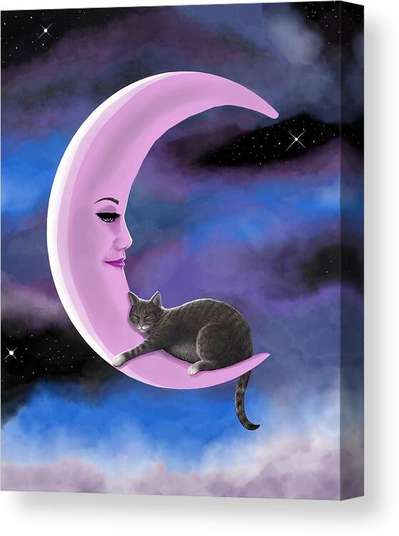 Cat Canvas Print featuring the digital art Cat 661 Pink Moon by Lucie Dumas