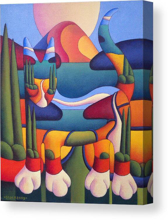 Cat Canvas Print featuring the painting Cat in landscape in cat by lake by Alan Kenny