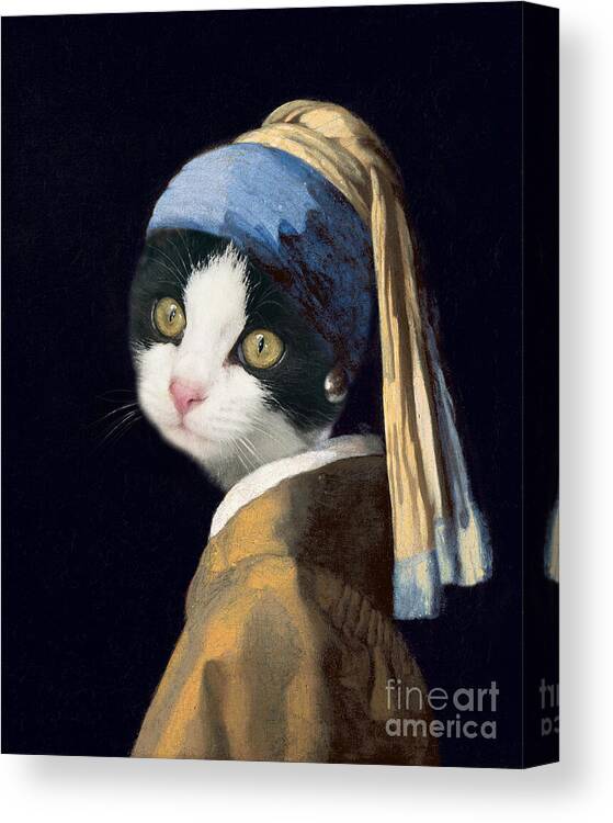 Cat Canvas Print featuring the painting Cat with a pearl earring by Delphimages Photo Creations