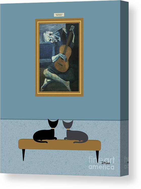 Black Cat Canvas Print featuring the digital art Cats Admire Picasso Old Guitarist by Donna Mibus