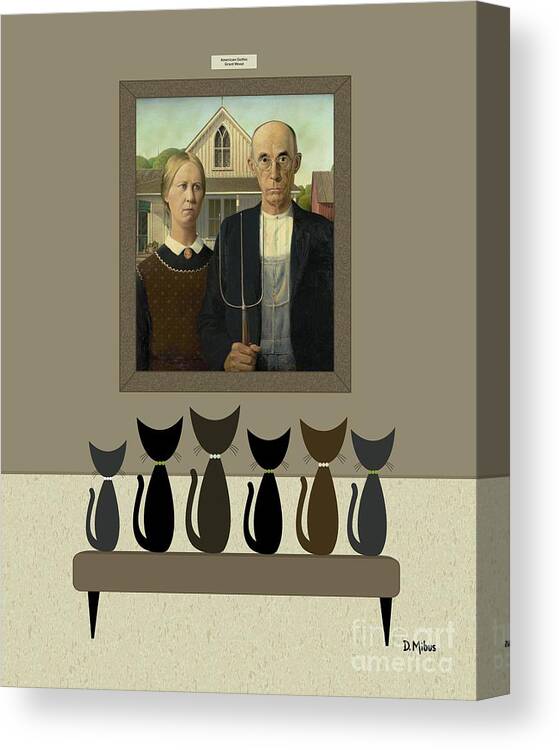 Grant Wood Canvas Print featuring the digital art Cats Contemplate American Gothic by Donna Mibus