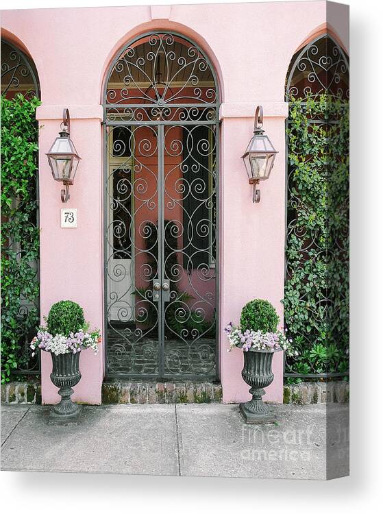 Charleston Canvas Print featuring the photograph Charleston Pink House French Iron Doors Art Nouveau Art Deco Door Architecture by Kathy Fornal