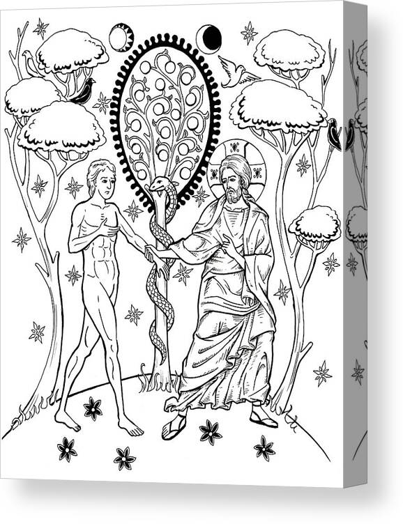 Line Art Canvas Print featuring the drawing Christ Walking with Christ in the Garden by Jonathan Pageau