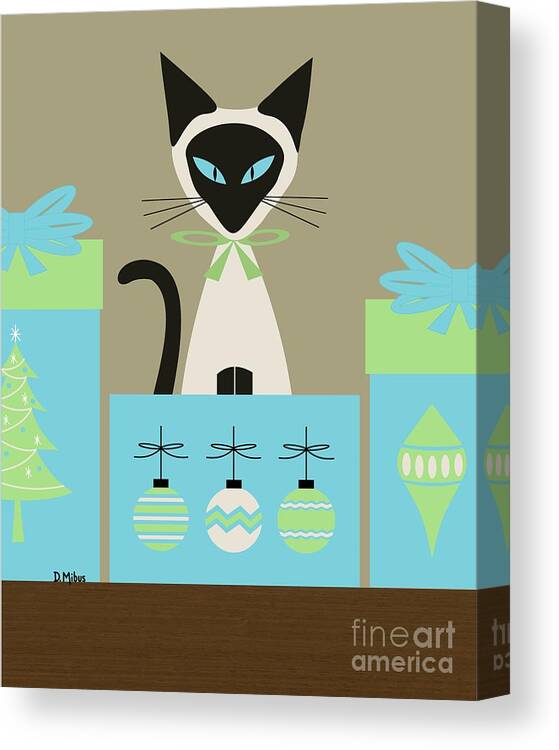 Mid Century Cat Canvas Print featuring the digital art Christmas Siamese in Box by Donna Mibus