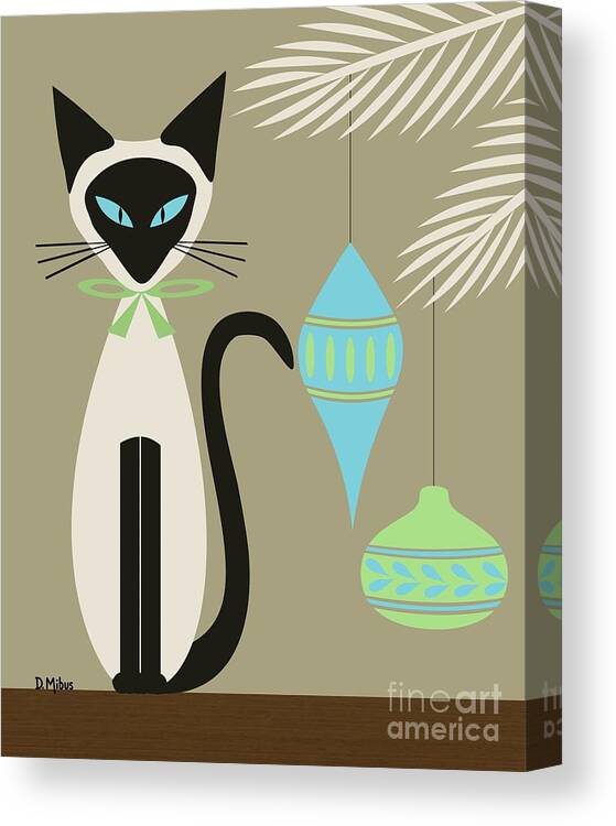 Mid Century Cat Canvas Print featuring the digital art Christmas Siamese with Ornaments by Donna Mibus