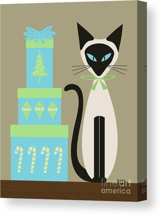 Mid Century Cat Canvas Print featuring the digital art Christmas Siamese with Presents by Donna Mibus