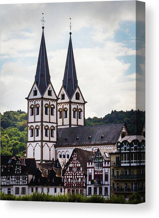 Germany Canvas Print featuring the digital art Church of St Severus, Boppard Dry Brush on Canvas by Ron Long Ltd Photography