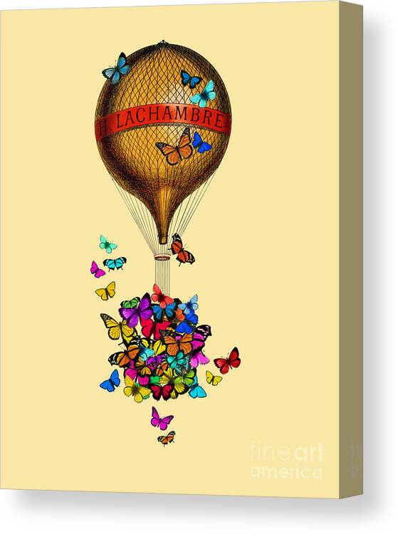 Hot Air Balloon Canvas Print featuring the mixed media Colorful butterflies balloon by Madame Memento