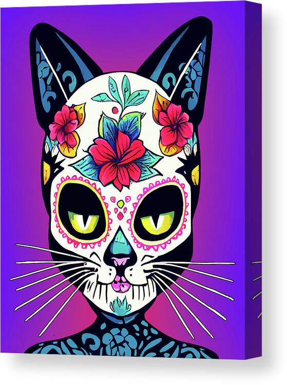 Day Of The Dead Canvas Print featuring the digital art Colorful Cat Sugar Skull by Mark Tisdale