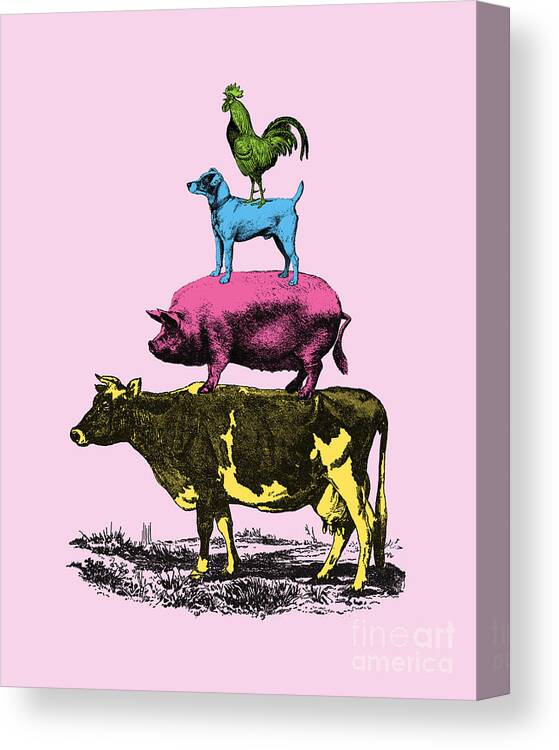 Farm Canvas Print featuring the digital art Colorful Farm Animals On Pink Background by Madame Memento