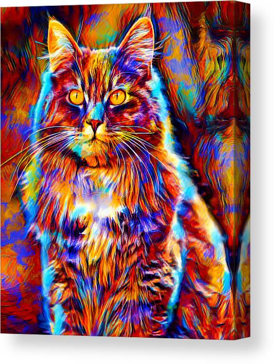 Maine Coon Canvas Print featuring the digital art Colorful Maine Coon cat sitting - digital painting by Nicko Prints