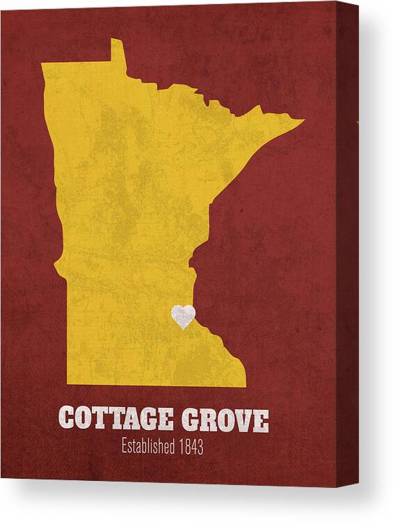 Cottage Grove Canvas Print featuring the mixed media Cottage Grove Minnesota City Map Founded 1843 University of Minnesota Color Palette by Design Turnpike