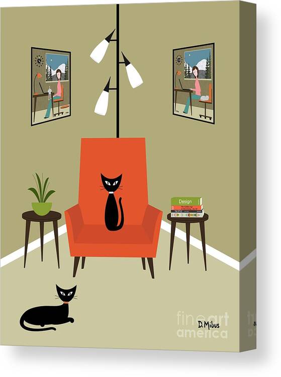 Mid Century Cat Canvas Print featuring the digital art Cozy Reading Corner 3 by Donna Mibus