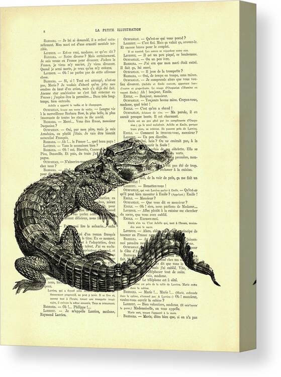 Crocodile Canvas Print featuring the mixed media Crocodile in black and white by Madame Memento