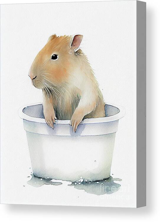 Capybara Canvas Print featuring the painting Cute Baby Capybara In Bathub Watercolor Minimalist by Jeff Creation