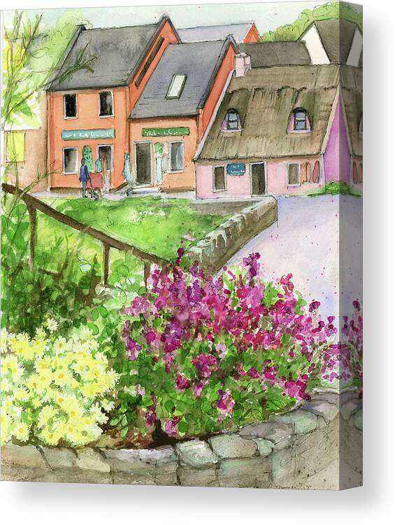 Doolin Canvas Print featuring the painting Doolin Ireland Shops and Flowers by Rebecca Matthews