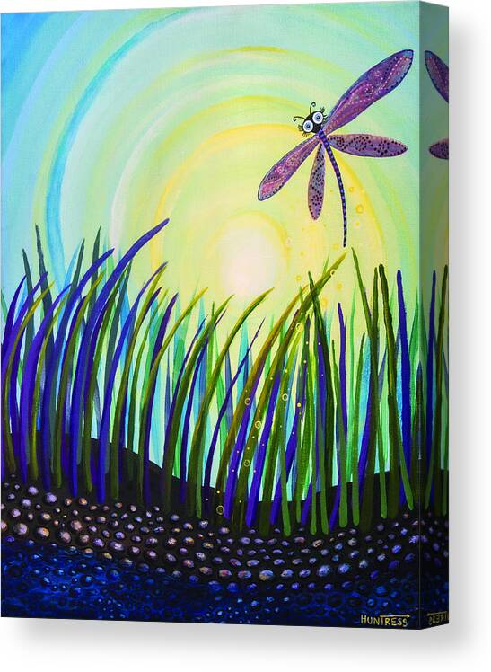 Dragon Fly Canvas Print featuring the painting Dragonfly at the Bay III by Mindy Huntress