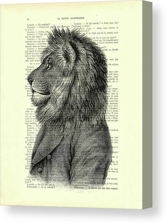 Lion Canvas Print featuring the digital art Dressed up lion, wildlife animal portrait by Madame Memento