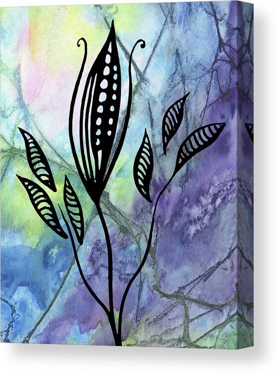 Floral Pattern Canvas Print featuring the painting Elegant Pattern With Leaves In Blue And Purple Watercolor I by Irina Sztukowski