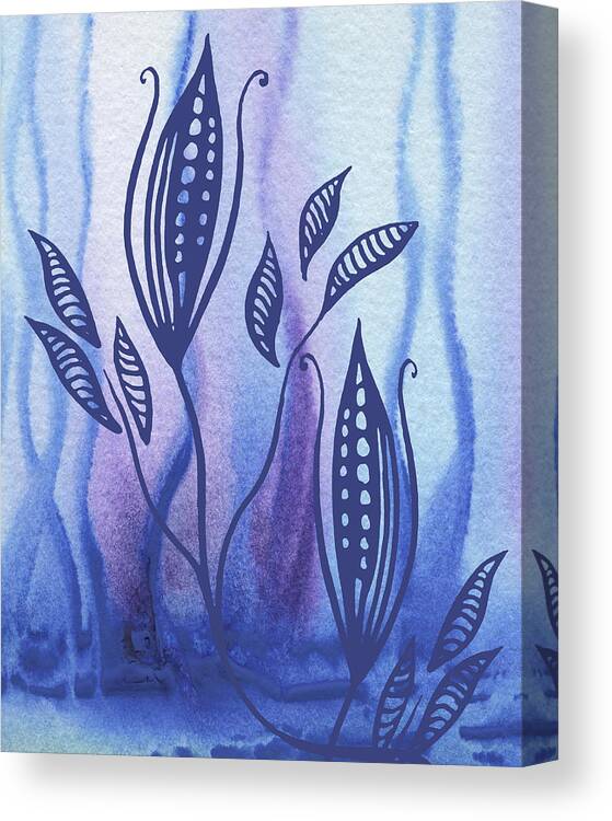 Floral Pattern Canvas Print featuring the painting Elegant Pattern With Leaves In Blue And Purple Watercolor II by Irina Sztukowski