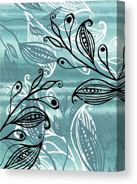 Pods Canvas Print featuring the painting Elegant Pods And Seeds Pattern With Leaves Teal Blue Watercolor V by Irina Sztukowski