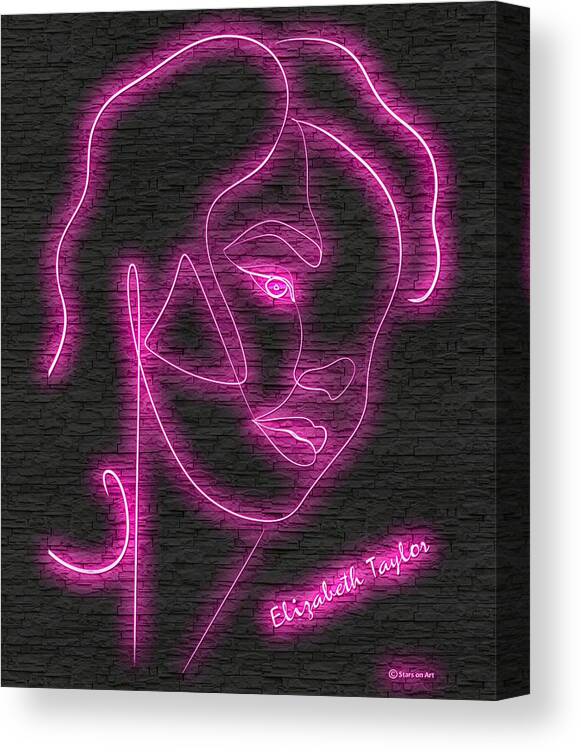 Elizabeth Canvas Print featuring the digital art Elizabeth Taylor neon portrait by Movie World Posters