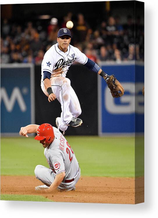 Double Play Canvas Print featuring the photograph Everth Cabrera and Chris Heisey by Denis Poroy