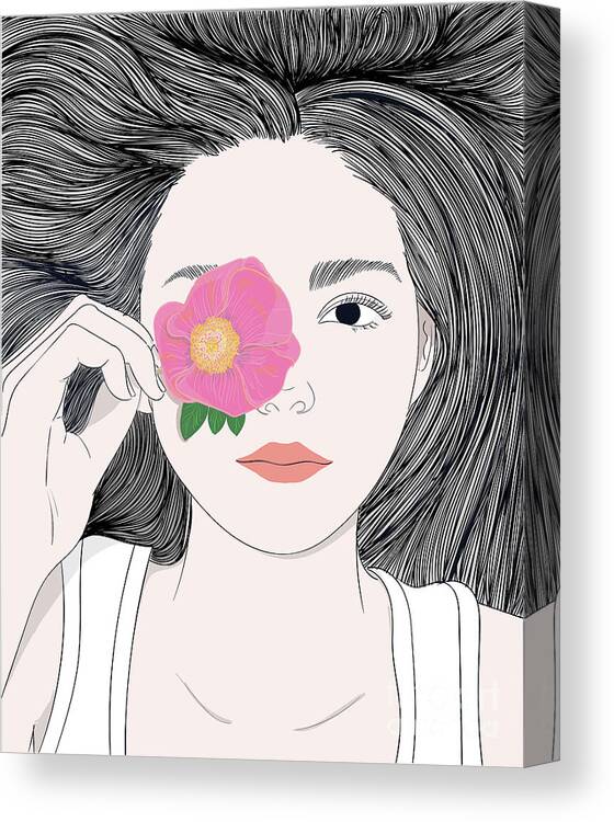 Graphic Canvas Print featuring the digital art Fashion Girl With Long Hair And A Flower - Line Art Graphic Illustration Artwork by Sambel Pedes
