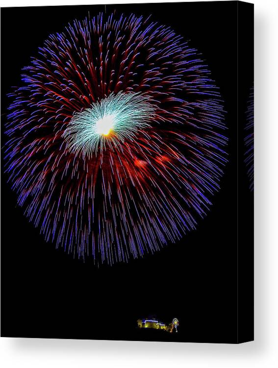 Celebrate Canvas Print featuring the photograph Fireworks over the ancient castle by Umberto Barone