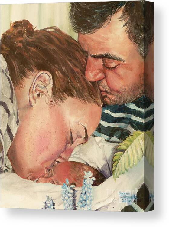 Family Canvas Print featuring the painting First Family Kiss by Merana Cadorette