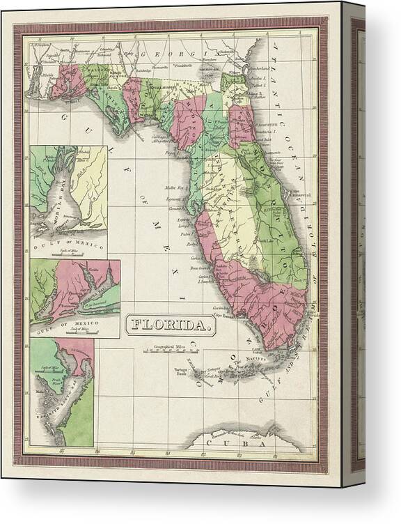 Florida Map Canvas Print featuring the photograph Florida Vintage Map 1833 by Carol Japp