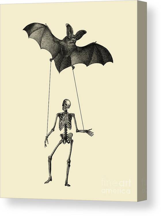 Skeleton Canvas Print featuring the digital art Flying bat with skeleton on a string by Madame Memento