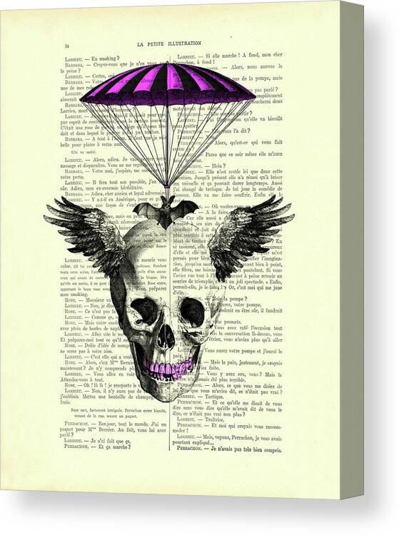 Skull Canvas Print featuring the mixed media Flying halloween skull on parachute by Madame Memento