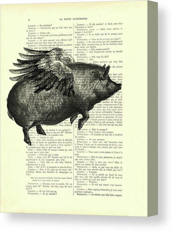 Pig Canvas Print featuring the mixed media Flying pig on antique book page by Madame Memento